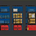 Three Red And Blue Multi Tier Storage Shelving Units With Cardboard Boxes 3d model
