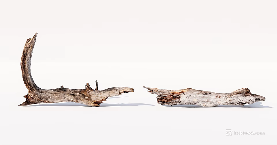 Natural Stone And Wood Driftwood Pieces With Opposing Broken Ends On White Background 3d model 
