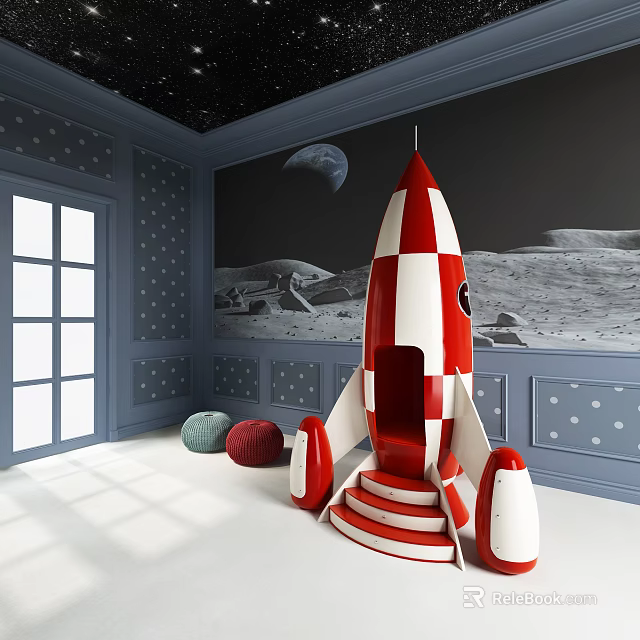 Kids Room With Blue Starry Walls Moon Mural And Red White Rocket Chair 3d model 