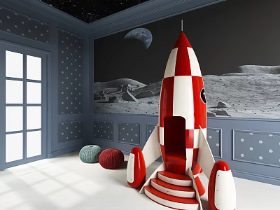 Kids Room With Blue Starry Walls Moon Mural And Red White Rocket Chair 3d model