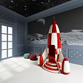 Kids Room With Blue Starry Walls Moon Mural And Red White Rocket Chair