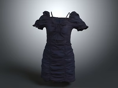 Elegant Navy Blue Dress With Ruched Design Puffed Sleeves And Front Tie Detail 3d model