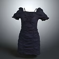 Elegant Navy Blue Dress With Ruched Design Puffed Sleeves And Front Tie Detail