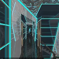 Modern KTV Corridor with Blue Neon Lights Futuristic Patterns and Shiny Floor