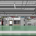 Modern Parking Lot Entrance Featuring Colorful Geometric Ceiling Design And Green Floor