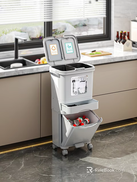 Modern Kitchen Household Trash Can With Double Compartment Recycling Function 3d model 