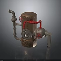Industrial Mechanical Equipment With Rusted Metal Vessel Red Pipes And Valves