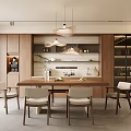 Modern Dining Room Interior With Wooden Table Four Chairs Pendant Lights Cabinets And Open Shelves