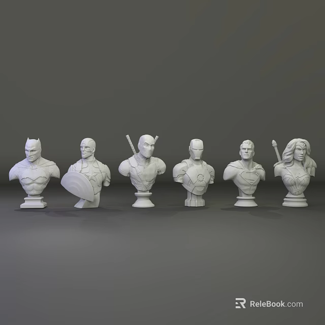 Six White Superhero Bust Sculptures with Shield Weapon and Accessories 3d model 