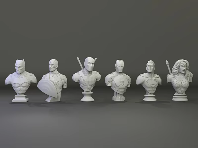 Six White Superhero Bust Sculptures with Shield Weapon and Accessories 3d model