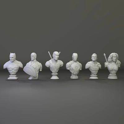 Six White Superhero Bust Sculptures with Shield Weapon and Accessories 3d model