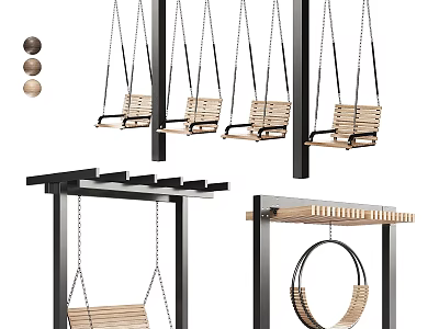 Outdoor Architectural Components Featuring Wooden Swings Metal Frames And Circular Ring Design 3d model