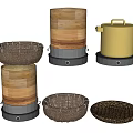 Diverse Kitchen Utensils Including Bamboo Steamers Brass Pot And Wicker Storage Baskets