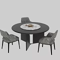 Round Dark Wood Table with Marble Inlay and Patterned Upholstered Chairs Set 3d model