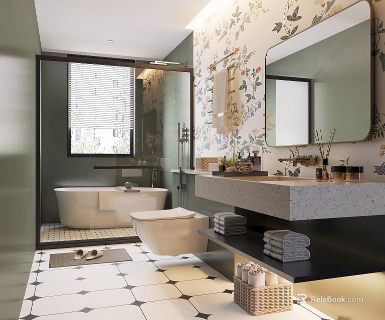 Stylish Bathroom Interior With Bathtub Toilet Vanity Mirror Floral Wallpaper And Stacked Towels 3d model 