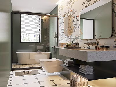 Stylish Bathroom Interior With Bathtub Toilet Vanity Mirror Floral Wallpaper And Stacked Towels 3d model