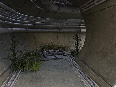 Industrial Tunnel Interior Featuring Metal Pipes Concrete Walls Ground Plants And Metal Structures 3d model