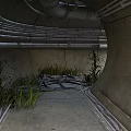 Industrial Tunnel Interior Featuring Metal Pipes Concrete Walls Ground Plants And Metal Structures