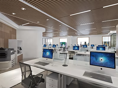 Modern Public Office Space With Open Layout White Desks Computer Monitors Office Chairs And Lighting 3d model