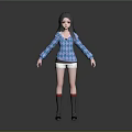 Woman With Long Black Hair Dressed In Blue Argyle Sweater And White Shorts