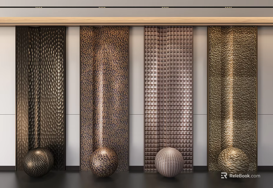 Modern Luxury Background Wall with Various Textures and Decorative Metal Spheres 3d model 