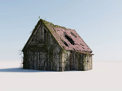 Old Wooden House With Vines Covering Red Tiled Roof And Broken Holes 3d model