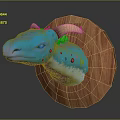 Blue Dragon Head Mounted On Wooden Circular Base With Yellow Horns And Colorful Spots
