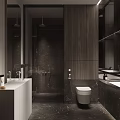 Modern Bathroom Interior With Marble Bathtub Large Mirror And Storage Cabinets