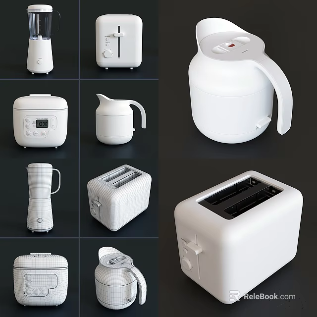 Modern White Kitchen Appliances Collection Featuring Electric Kettle Toaster Rice Cooker And Blender 3d model 