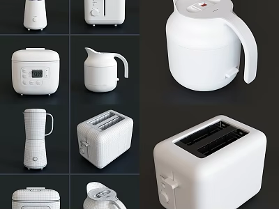 Modern White Kitchen Appliances Collection Featuring Electric Kettle Toaster Rice Cooker And Blender 3d model