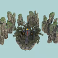 Cartoon Scene of Mystical Ancient Temple with Red Waterfall Golden Disc and Lush Trees