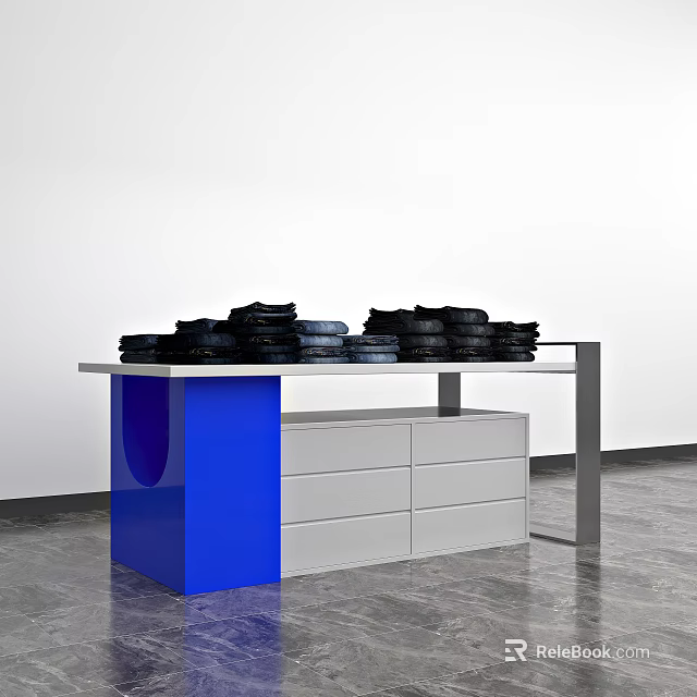Modern Display Shelf With Blue Column White Drawers And Stacked Black Items 3d model
