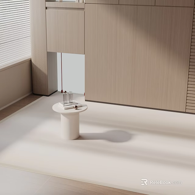 Minimalist Modern Side Table With White Top Cylindrical Base And Wooden Cabinets In Natural Light 3d model 