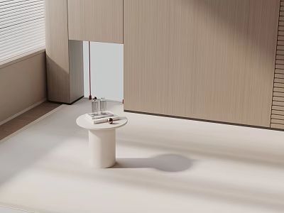 Minimalist Modern Side Table With White Top Cylindrical Base And Wooden Cabinets In Natural Light 3d model