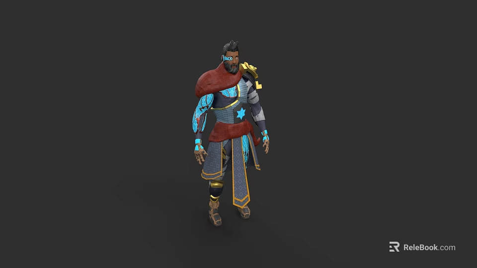 Man In Red Cape With Blue And Gold Decorated Outfit And Armor Elements 3d model 