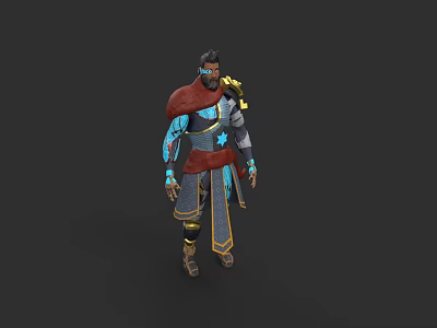 Man In Red Cape With Blue And Gold Decorated Outfit And Armor Elements 3d model