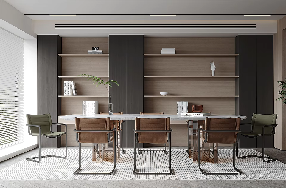 Modern Restaurant Interior With Open Design Wooden Bookshelves Dining Table And Chairs 3d model