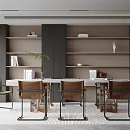 Modern Restaurant Interior With Open Design Wooden Bookshelves Dining Table And Chairs 3d model