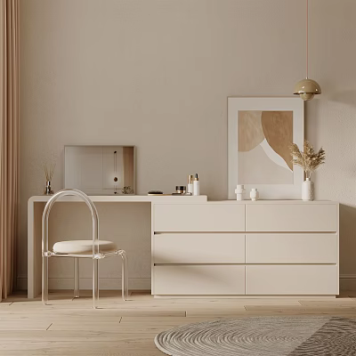 Minimalist Modern Dressing Table Interior With White Drawers Transparent Chair And Decorative Items 3d model