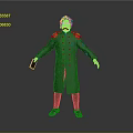 3D Character Model In Green Uniform With Yellow Buttons And Shoulder Badges Holding Brown Item