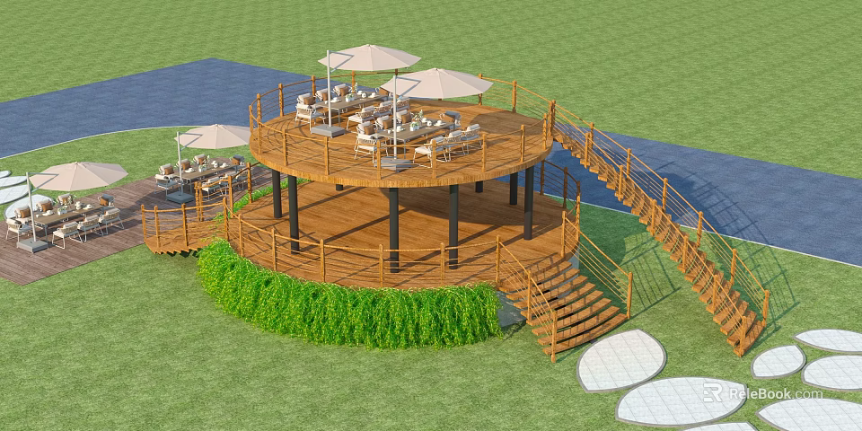 Circular Wooden Deck Road Facilities With Spiral Staircase Railing Lawn Sun Umbrellas And Loungers 3d model 