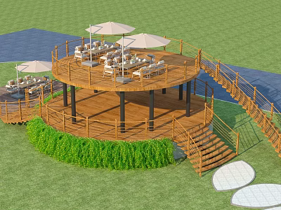 Circular Wooden Deck Road Facilities With Spiral Staircase Railing Lawn Sun Umbrellas And Loungers 3d model