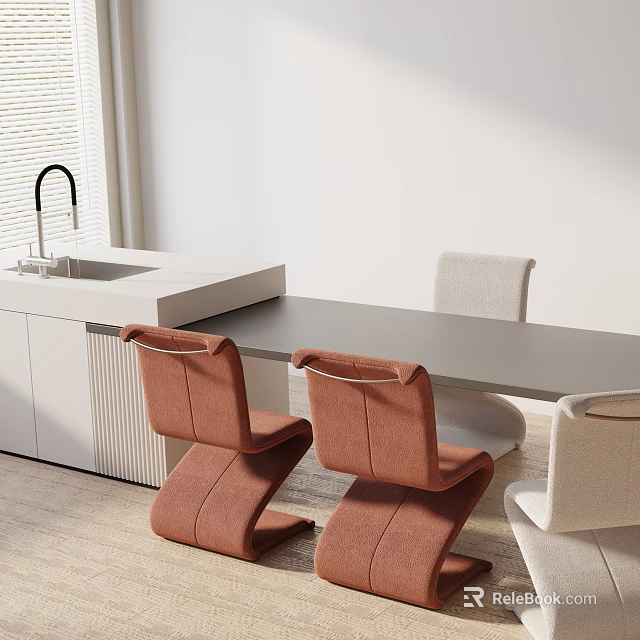Modern Dining Table Set Interior With Gray Countertop Brown Beige Chairs In Open Kitchen 3d model 