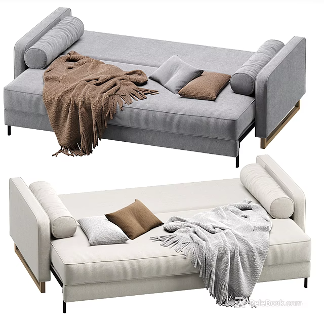 Neutral Toned Multi Seater Sofa With Rolled Arms Wooden Legs Decorative Pillows And Cozy Throws 3d model 