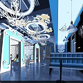 Modern Restaurant Interior With Elegant Chandeliers Blue Booth Seats And Decorative Wooden Partitions