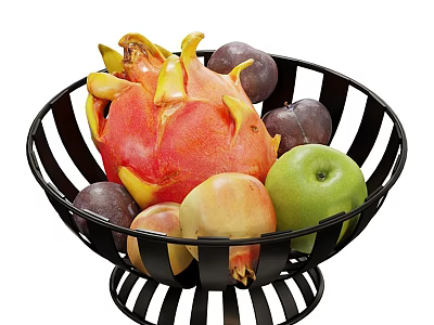 Black Perforated Ceramic Fruit Bowl Filled With Dragon Fruit Plums Apples And Peaches 3d model