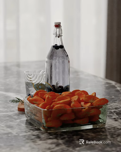 Clear Glass Bottle Black Berries And Orange Carrot Slices Decorative Ornaments Set On Marble Tabletop 3d model 