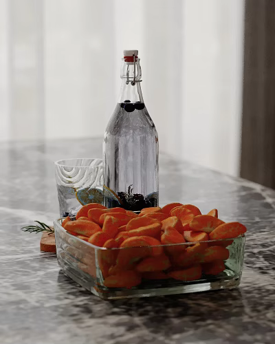 Clear Glass Bottle Black Berries And Orange Carrot Slices Decorative Ornaments Set On Marble Tabletop 3d model