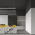 Modern Public Office Space With Yellow Office Chairs White Desks Storage Cabinets And Hanging Lights 3d model