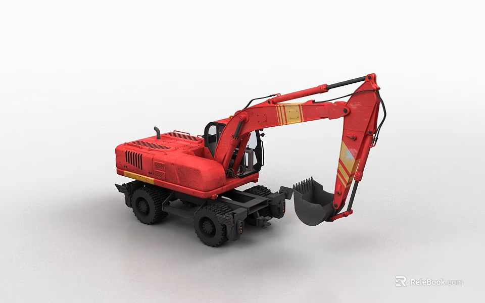 Powerful Red Wheel Excavator For Construction Work With Front Bucket 3d model 